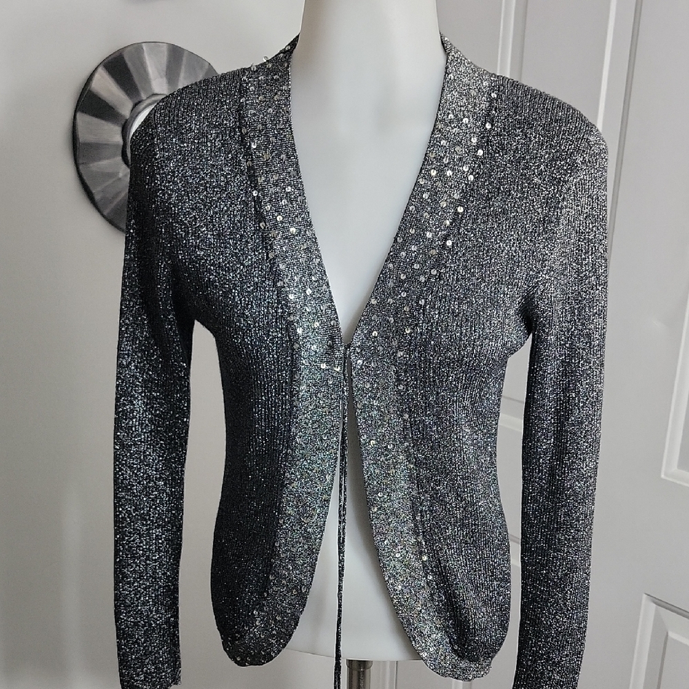 Sparkly Metallic Sequin Trim Front Tie Curve Formal Cardigan Sweater